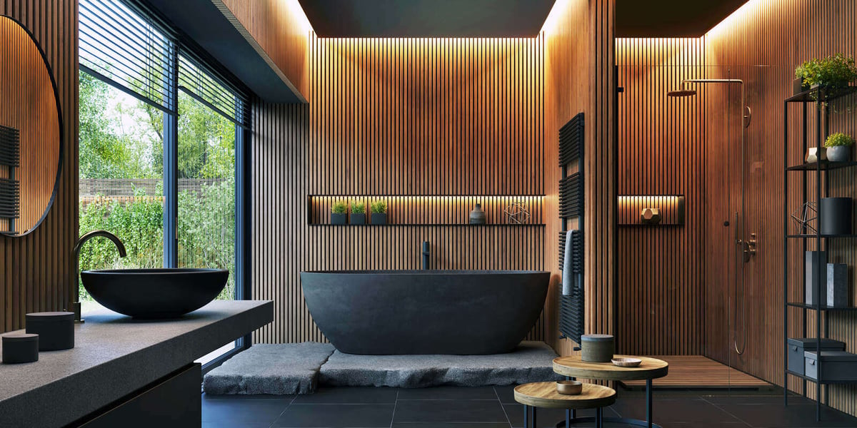 Luxury bathroom remodel by Truelux Fine Homes in Austin, Texas with wooden wall accents and black fixtures