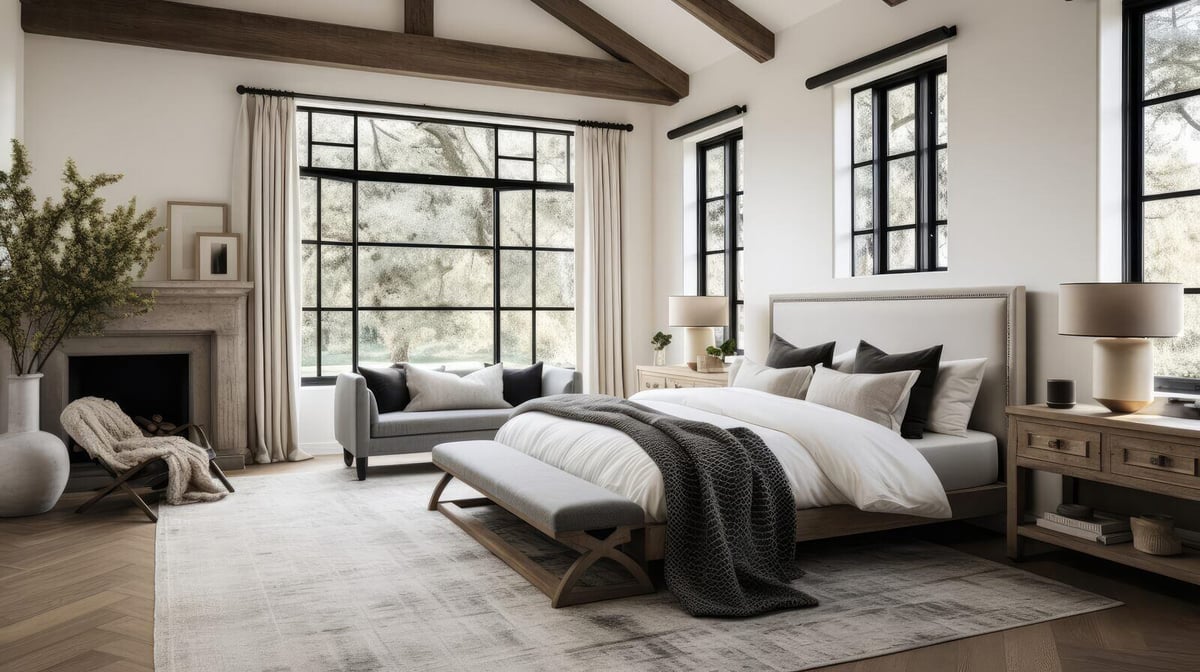 Luxury bedroom remodel by Truelux Fine Homes in Austin, Texas with large windows and cozy decor