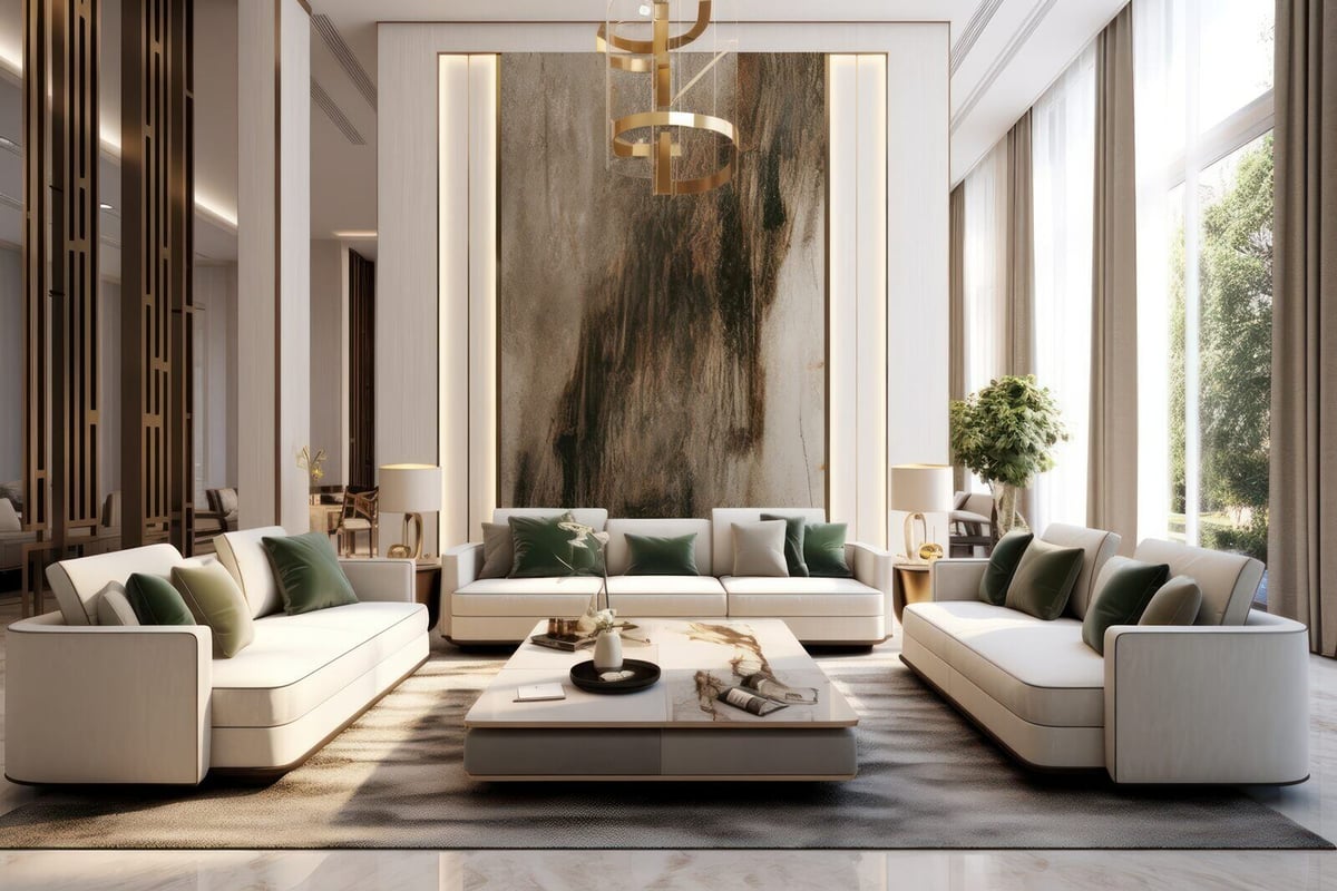 Luxury living room remodel by Truelux Fine Homes in Austin, Texas with elegant white sofas and tall artwork
